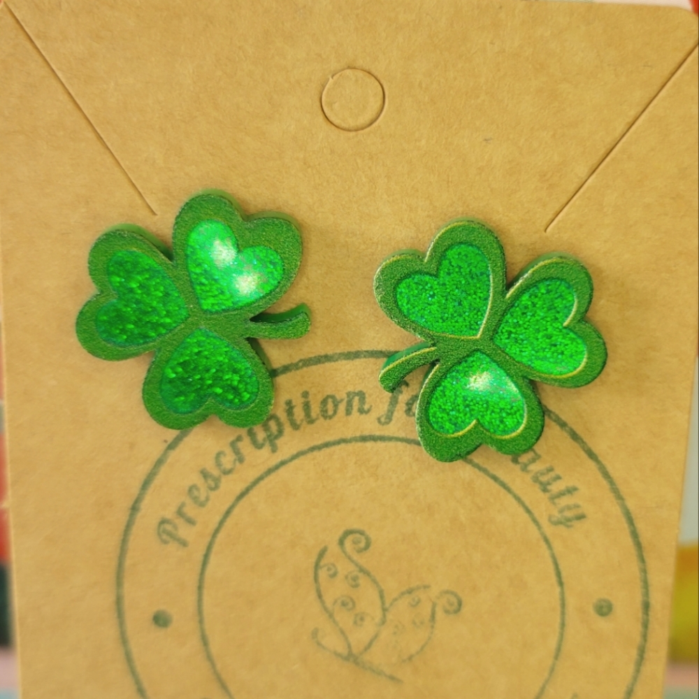 Acrylic green glitter shamrock earrings St. Patrick's day